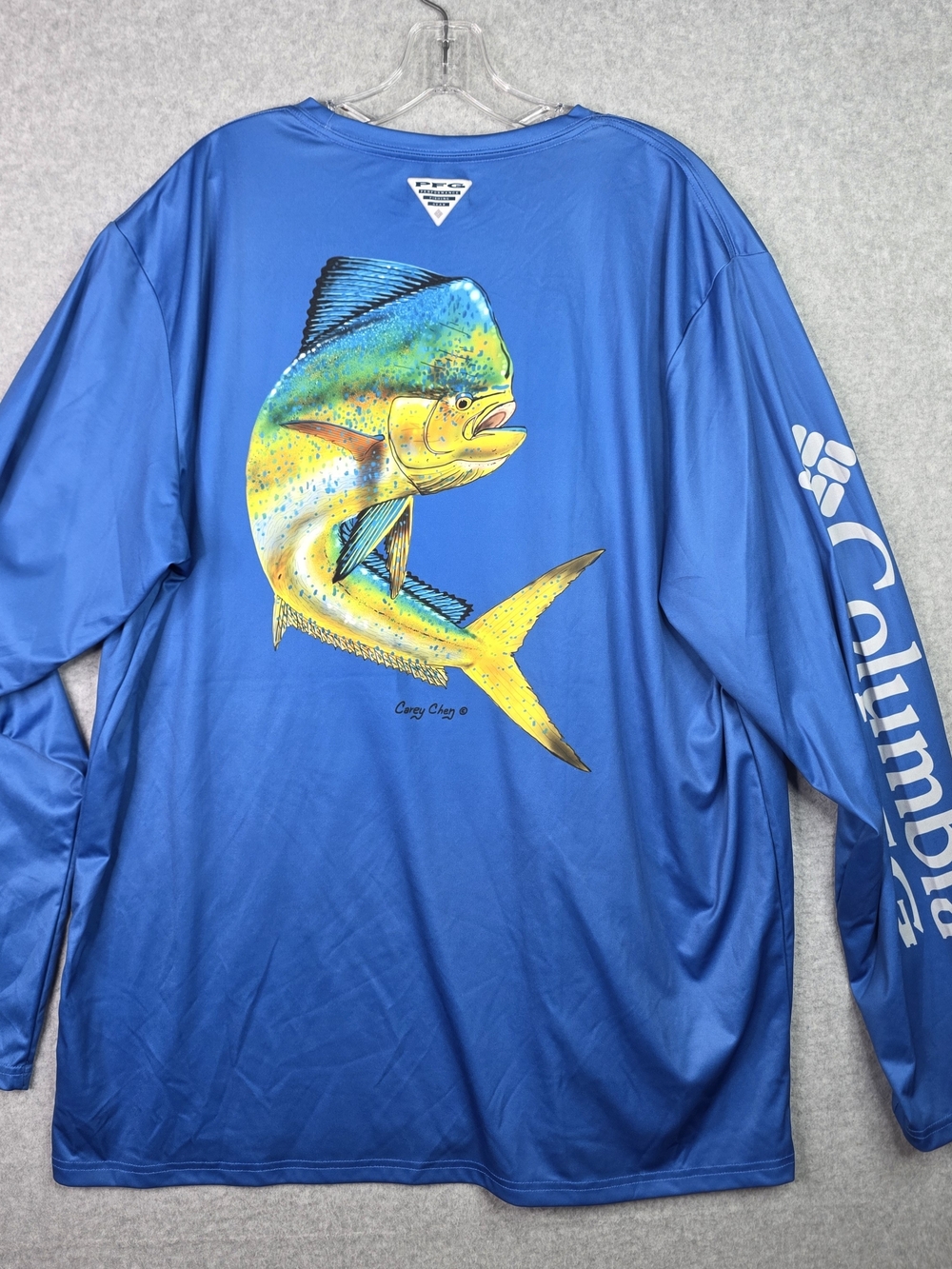 Columbia Blue Long-Sleeve Swim Rash Guard with Yellow-Green Mahi Mahi Graphic